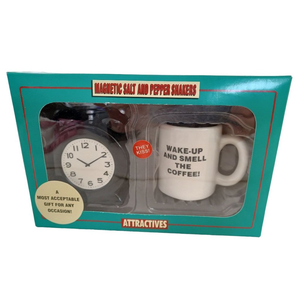 NIB Wake Up & Smell Coffee 3" Magnetic Ceramic Salt & Pepper Shakers They Kiss